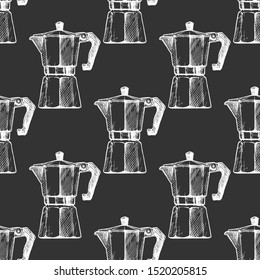 Seamless pattern with moka pot in vintage engraved style. 