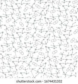 Seamless pattern of molecular structures. DNA strand, genetic engineering, neural network, innovation technology.