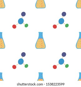 Seamless pattern molecule and flask, great design for any purposes. Chemical laboratory. School education vector background.