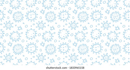 Seamless pattern of molecules, cells of virus, bacteria. Pandemic, epidemic covid-19. Concept of quarantine coronavirus, vaccination. Vector hand drawn background in outline doodle style isolated