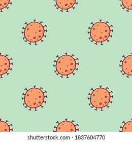 Seamless pattern of molecules, cells of virus, bacteria. Pandemic, epidemic covid-19. Theme of quarantine, spread of coronavirus, vaccination. Vector hand drawn background in doodle style isolated
