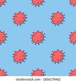 Seamless pattern of molecules, cells of virus, bacteria. Pandemic, epidemic covid-19. Theme of quarantine, spread of coronavirus, vaccination. Vector hand drawn background in doodle style isolated