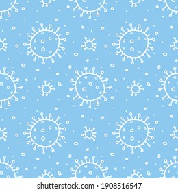 Seamless pattern of molecules, cells of virus, bacteria. Pandemic, epidemic covid-19. Concept of quarantine coronavirus, vaccination. Vector hand drawn background in outline doodle style isolated