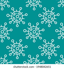 Seamless pattern of molecules, cells of virus, bacteria. Pandemic, epidemic covid-19. Theme of quarantine, spread of coronavirus, vaccination. Vector hand drawn background in doodle style isolated