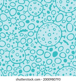 Seamless pattern of molecules, cells of virus, bacteria. Pandemic, epidemic covid-19. Primitive concept of chemistry, microorganisms, science research. Vector texture in outline doodle style isolated