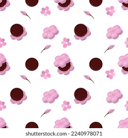 Seamless pattern with monaka dessert and sakura flowers vector illustration isolated on white background. Pik crisp wafers shaped like cherry blossom with azuki bean paste