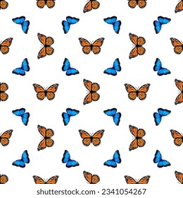 Seamless pattern with monarch butterflies and blue morpho butterflies