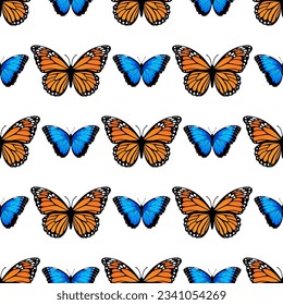 Seamless pattern with monarch butterflies and blue morpho butterflies