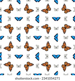 Seamless pattern with monarch butterflies and blue morpho butterflies