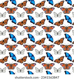 Seamless pattern with monarch butterflies and blue morpho butterflies