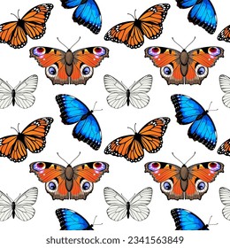 Seamless pattern with monarch butterflies and blue morpho butterflies