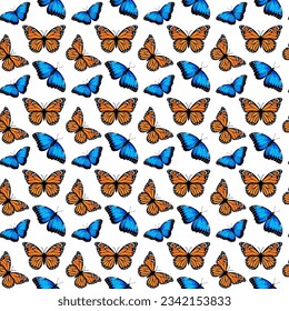 Seamless pattern with monarch butterflies and blue morpho butterflies