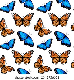 Seamless pattern with monarch butterflies and blue morpho butterflies