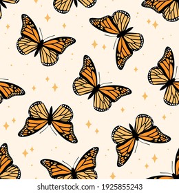 Seamless pattern with monarch butterflies. Contemporary composition for print. Hand drawn vector illustration.