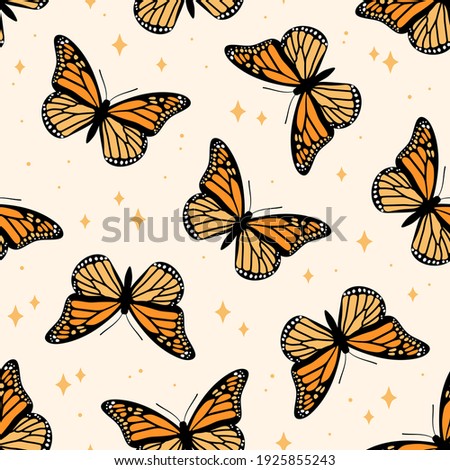 Seamless pattern with monarch butterflies. Contemporary composition for print. Hand drawn vector illustration.