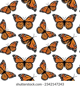 Patrón sin soldadura con mariposas monarcas, ilustración vectorial