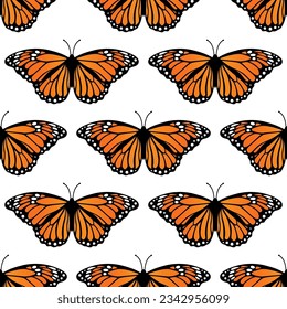 Patrón sin soldadura con mariposas monarcas, ilustración vectorial