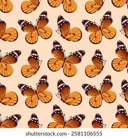 Seamless pattern Monarch butterfly, Danaus plexippus, features vibrant. Known for its impressive migrations, this iconic insect symbolizes transformation and beauty in nature.