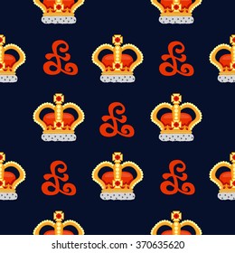 Seamless pattern with monarch crown on a dark blue background.