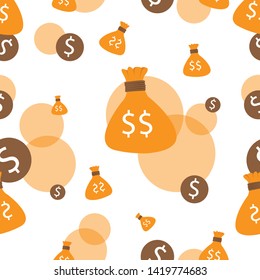 Seamless pattern of money bag with light brown circle on background, with brown circle dollar symbol.
