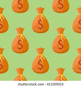 Seamless pattern with money bag on green background. Vector texture.
