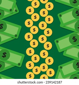 Seamless pattern with money - banknotes and coins. Vector illustration.