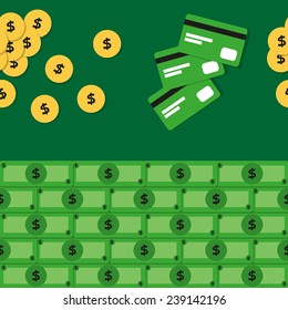 Seamless pattern with money - banknotes and coins. Vector illustration.