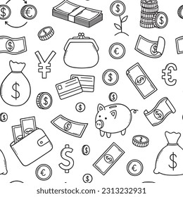 Seamless pattern of Money and finance doodle. Dollar Banknotes, coins, money bag in sketch style. Banking related elements. Vector illustration
