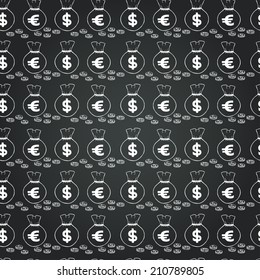 Seamless pattern with money hand sketched coins and money bags with dollar and euro signs on them. Tiling financial backdrop.