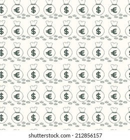 Seamless pattern with money hand sketched coins and money bags with dollar and euro signs on them. Tiling financial backdrop.