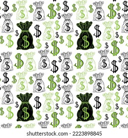 Seamless pattern with money hand sketched coins and money bags with dollar signs on them. Tiling financial backdrop.