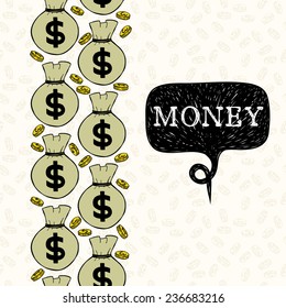 Seamless pattern with money hand sketched coins and money bags with dollar signs on them. Vertical tiling financial backdrop.