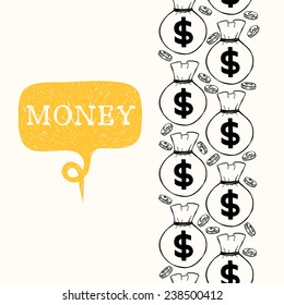 Seamless pattern with money hand sketched coins and money bags with dollar signs on them. Vertical tiling financial backdrop.