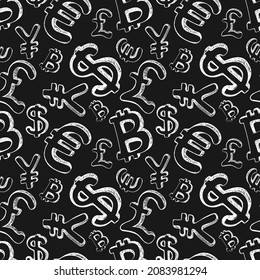 Patrón sin inconvenientes con las señales de dinero. Símbolos del dólar, el euro, la libra, el yen y las bitcoines en forma de doodle. Ilustración vectorial.