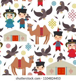 Seamless pattern Mongolian boy and girl national costume. Cartoon children in traditional dress. Hunter, hunting with an eagle, camel, traditional dwellings, such as the yurt and the tent. Vector