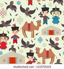 Seamless pattern Mongolian boy and girl national costume. Cartoon children in traditional dress. Hunter, hunting with an eagle, camel, traditional dwellings, such as the yurt and the tent. Vector