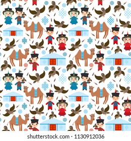Seamless pattern Mongolian boy and girl national costume. Cartoon children in traditional dress. Hunter, hunting with an eagle, camel, traditional dwellings, such as the yurt and the tent. Vector