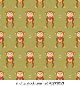 Selva animal del mono del modelo inconsútil con el helado en la tela del giftwrap del Fondo de pantalla del Vector del fondo verde