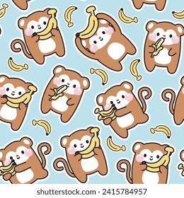 Seamless pattern of monkey with banana in various poses on blue background.Wild animal character cartoon design collection.Image for card,poster,baby clothing.Isolated.Kawaii.Vector.Illustration.