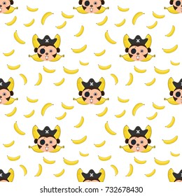 Seamless pattern Monkey and bananas logo. Monkey head and crossed bananas.pirate monkey cartoon, T-shirt design for kids on white background vector illustration