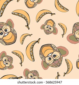 Seamless pattern with the monkey  and bananas , vector graphics . with ornaments and patterns .  vector background