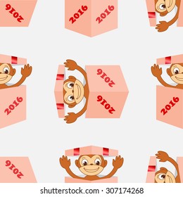 Seamless pattern monkey in box. Happy New Year red monkey.