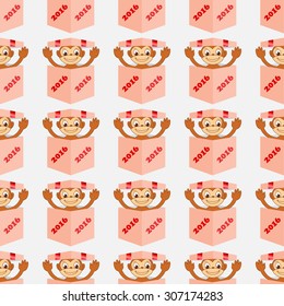 Seamless pattern monkey in box. Happy New Year red monkey.