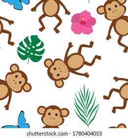 Seamless pattern monkey butterflies tropical leaves and flowers vector illustration