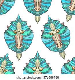 Seamless pattern monkey coloring outlines in boho style. 