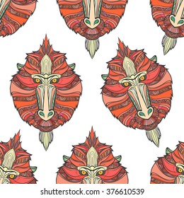 Seamless pattern monkey coloring outlines in boho style. 