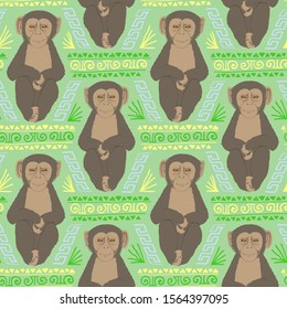 Seamless pattern of monkey with ethnic ornament elements. Repetitive textile vector print, wallpaper design.