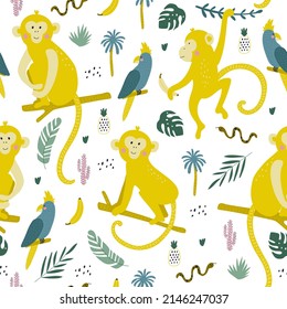 Seamless pattern with monkey. Fabric print. Vector illustration.