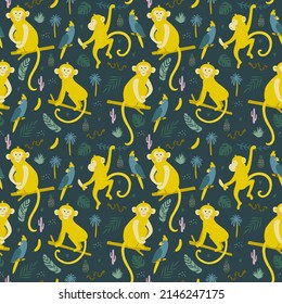 Seamless pattern with monkey. Fabric print. Vector illustration.