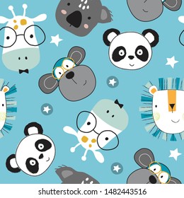 seamless pattern with monkey, giraffe, lion, panda, koala vector illustration, safari animals background